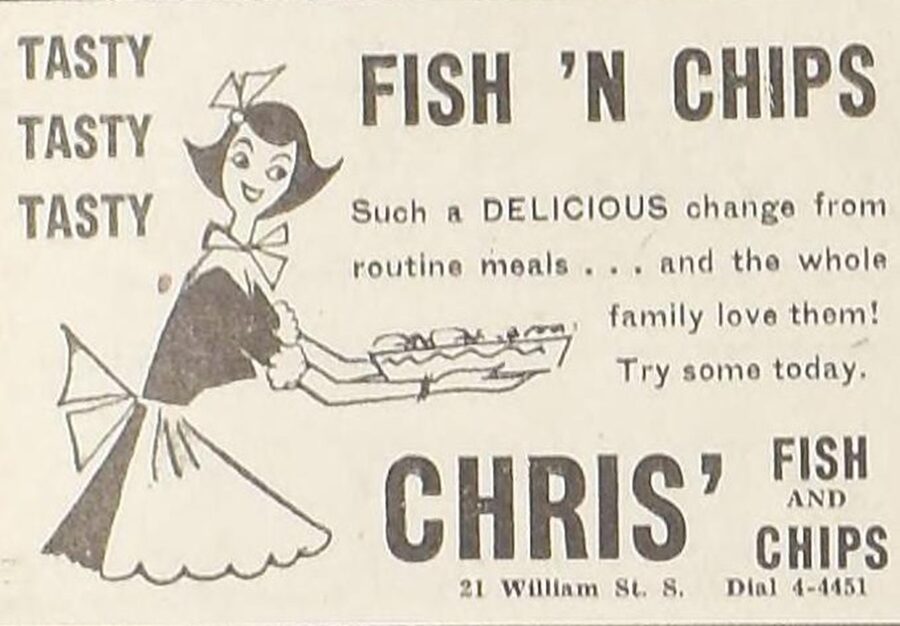 Chris’ Fish and Chips promised Lindsay residents a “delicious change from routine meals” in this 1955 advertisement. 