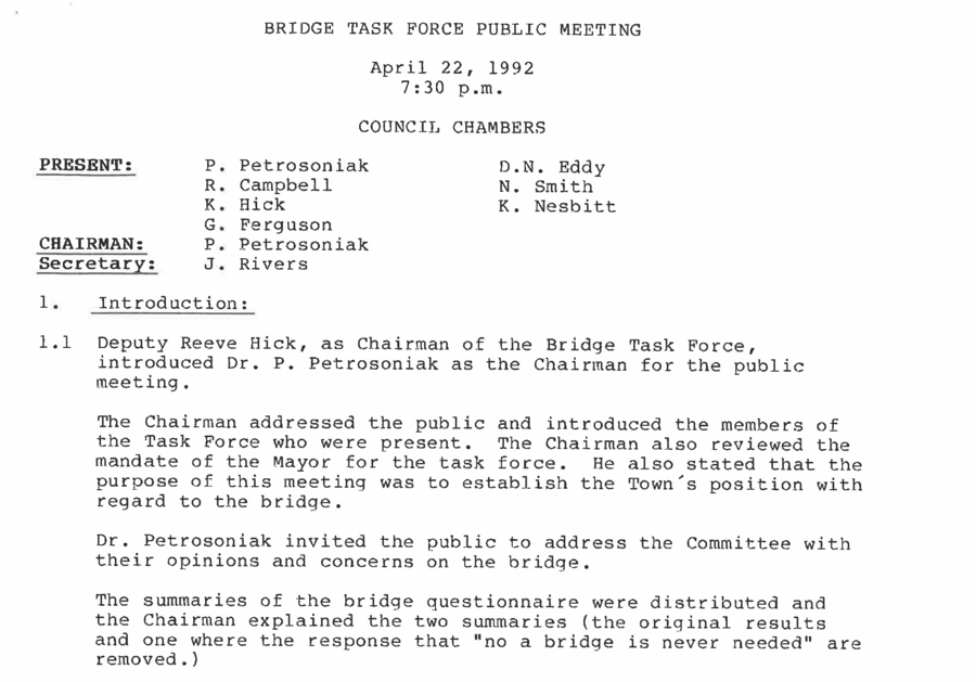 The historic public meeting minutes of the Lindsay Bridge Task Force, from city archives.