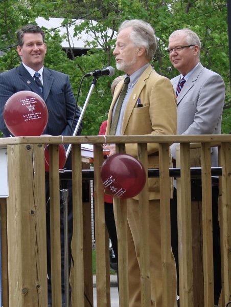 Rae Fleming speaks at the grand opening of the Olde Gaol Museum, May 2011, while then-Mayor Ric McGee and MPP Rick Johnson look on. Photo: Tom Mohr.