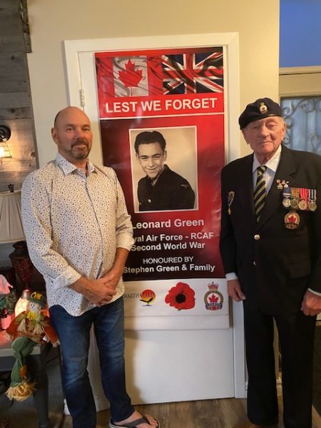 Steve Green, left, with his father, Leonard Green in front of the commemorative banner in Leonard's honour.