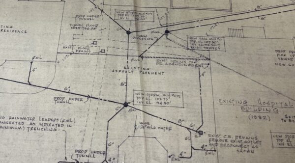 1958 site plans of the Ross Memorial Hospital depict a pair of intersecting utility tunnels linking the old hospital buildings, nurses' residence, and boiler room. Plans courtesy of the Ross Memorial Hospital.