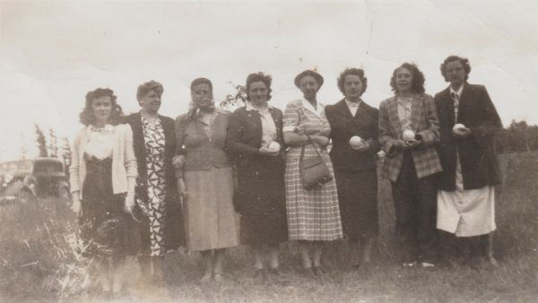 Verulam-area teachers gather at the end of the 1951-1952 school year. From left to right: Jean Rutherford, Irene McIlwayne, Hazel Dyke, Alice Graham, Hazel Hill, Betty Umphrey, Roberta Wright, and Minie Gray. Courtesy Maryboro Lodge: The Fenelon Museum.