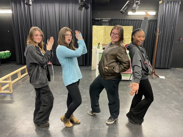 Laura Fairbairn, Ella Wilson, Murphy Graves, and Shiloh Flowers take a break from rehearsing their lines in LCVI's drama room.