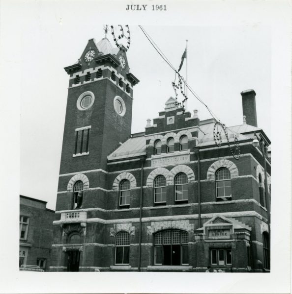 The old post office building was nearing the end of its life when this photo was captured in 1961. Note the clock on top of the tower. Kawartha Lakes Public Library collection.