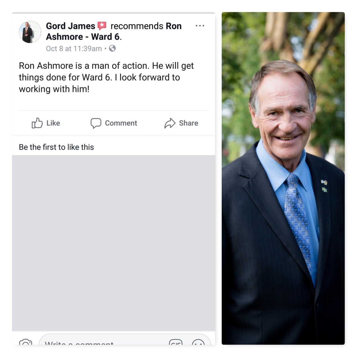 Gord James 'recommends' candidate Ashmore, but doesn't endorse